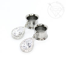 Load image into Gallery viewer, Stainless steel rhinestone yellow gold or white gold toned drop dangle plugs: 2g 0g 00g 1/2" 9/16" 5/8" 18mm 20mm 22mm 25mm