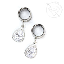 Load image into Gallery viewer, Stainless steel rhinestone yellow gold or white gold toned drop dangle plugs: 2g 0g 00g 1/2" 9/16" 5/8" 18mm 20mm 22mm 25mm