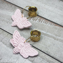 Load image into Gallery viewer, Pair of pink moth light weight metal dangle earrings