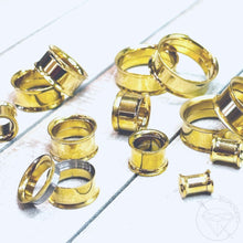 Load image into Gallery viewer, Pair of yellow gold toned tunnels / plugs / screw-back/ double flared sizes 2g 0g 00g 1/2" 9/16" 5/8" 3/4" 7/8" 1"