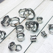 Load image into Gallery viewer, Pair of stainless steel tunnels / plugs / screw-back/ double flared sizes 2g 0g 00g 1/2" 9/16" 5/8" 3/4" 7/8" 1"