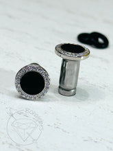 Load image into Gallery viewer, Black and clear crystal plugs wedding fancy plugs tunnels gauges: sizes 14g 12g 10g 8g 6g 4g 2g 1g
