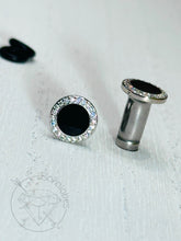 Load image into Gallery viewer, Black and clear crystal plugs wedding fancy plugs tunnels gauges: sizes 14g 12g 10g 8g 6g 4g 2g 1g