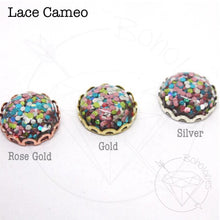 Load image into Gallery viewer, Confetti glitter rose gold silver lace cameo hider plugs 14g - 7/16"