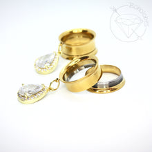 Load image into Gallery viewer, Stainless steel rhinestone yellow gold or white gold toned drop dangle plugs: 2g 0g 00g 1/2" 9/16" 5/8" 18mm 20mm 22mm 25mm