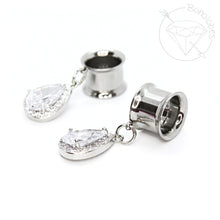 Load image into Gallery viewer, Stainless steel rhinestone yellow gold or white gold toned drop dangle plugs: 2g 0g 00g 1/2" 9/16" 5/8" 18mm 20mm 22mm 25mm