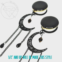 Load image into Gallery viewer, Black celestial crescent moon goth dangle plugs gauges 2g 1g 0g 00g 7/16" 1/2” 6mm 7mm 8mm 10mm 11mm 12mm