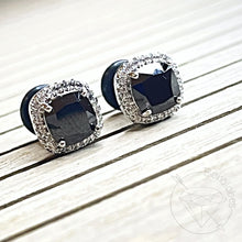 Load image into Gallery viewer, Crystal plugs Square CZ halo stud white gold silver wedding plugs for gauged or stretched ears: Sizes 12g 10g 8g 6g 4g 2g 1g 0g