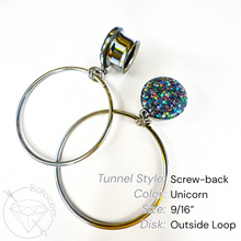Load image into Gallery viewer, a pair of silver hoop earrings with a colorful, glittery pendant attached to them.