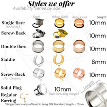 Load image into Gallery viewer, a variety of piercing options available in different sizes, ranging from 10mm to 12mm, with corresponding descriptions for each size.