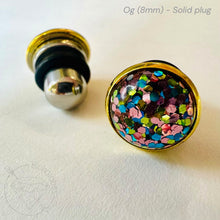Load image into Gallery viewer, Confetti Glitter Hider Plugs: Rose Gold Lace Cameo Ear Gauges 14g 12g 10g 8g 6g 4g 2g 1g 0g 11/32” 00g 7/16” 1/2”
