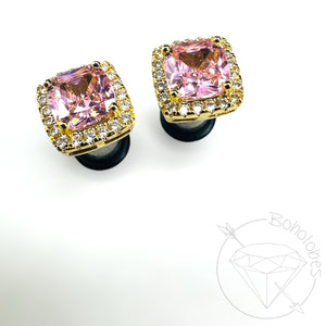 Crystal plugs Square CZ halo stud pink clear gold wedding bridal plugs for gauged or stretched ears: Sizes 14g 12g 10g 8g 6g 4g 2g 1g 0g