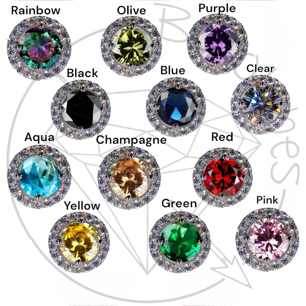 Black / amethyst / pink / clear crystal plugs round CZ halo stud white gold silver wedding plugs for gauged or stretched ears: Sizes 8g 6g 4g 2g 1g 0g