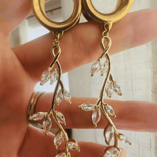 Load image into Gallery viewer, Rhinestone Vine Dangle Plugs: Gold Floral Filigree, Stainless Steel Gauges 2g 0g 00g 1/2" 9/16" 5/8" 11/16" 3/4" 13/16" 7/8" 1"