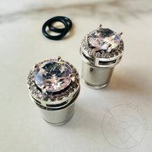 Load image into Gallery viewer, Black / amethyst / pink / clear crystal plugs round CZ halo stud white gold silver wedding plugs for gauged or stretched ears: Sizes 8g 6g 4g 2g 1g 0g