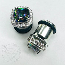 Load image into Gallery viewer, Crystal plugs Square CZ halo stud white gold silver wedding plugs for gauged or stretched ears: Sizes 12g 10g 8g 6g 4g 2g 1g 0g