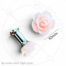 Load image into Gallery viewer, a 6g screw-back (light pink) and a 10mm screw-back (light pink) in size comparison.
