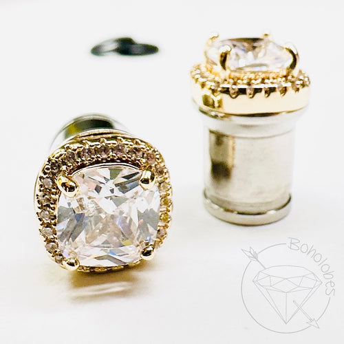 Crystal plugs Square CZ halo stud yellow gold wedding bridal plugs for gauged or stretched ears: Sizes 14g 12g 10g 8g 6g 4g 2g 1g 0g