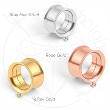Load image into Gallery viewer, three different types of earrings or earring holders, each with a distinct color and material. The earrings are labeled as "Stainless Steel", "Rose Gold", and "Yellow Gold".
