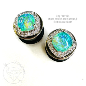 Crystal opal plugs Square CZ halo stud white gold silver wedding plugs for gauged or stretched ears: Sizes 14g 12g 10g 8g 6g 4g 2g 1g 0g