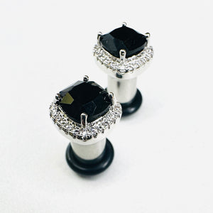Crystal plugs Square CZ halo stud white gold silver wedding plugs for gauged or stretched ears: Sizes 12g 10g 8g 6g 4g 2g 1g 0g