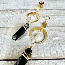 Load image into Gallery viewer, Gold celestial crescent moon crystal pearl drop dangle plugs: 2g 0g 00g 1/2" 9/16" 5/8" 18mm 20mm 22mm 25mm