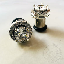 Load image into Gallery viewer, Crystal plugs round CZ halo stud white gold silver wedding plugs for gauged or stretched ears: Sizes 8g 6g 4g 2g 1g 0g 00g