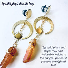 Load image into Gallery viewer, Bohemian crescent moon quartz gold plugs gauges tunnels 8g 6g 4g 2g 1g 0g 11/32” 00g 7/16” 1/2” 9/16” 5/8” 11/13” 3/4” 13/16” 7/8” 1”