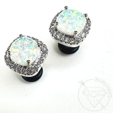 Load image into Gallery viewer, Crystal opal plugs Square CZ halo stud white gold silver wedding plugs for gauged or stretched ears: Sizes 14g 12g 10g 8g 6g 4g 2g 1g 0g