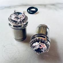 Load image into Gallery viewer, Black / amethyst / pink / clear crystal plugs round CZ halo stud white gold silver wedding plugs for gauged or stretched ears: Sizes 8g 6g 4g 2g 1g 0g