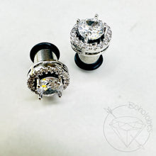 Load image into Gallery viewer, Crystal plugs round CZ halo stud white gold silver wedding plugs for gauged or stretched ears: Sizes 8g 6g 4g 2g 1g 0g 00g