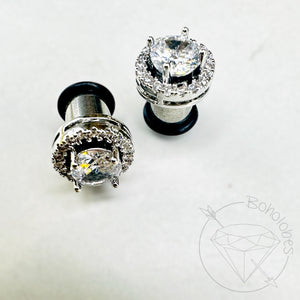 Crystal plugs round CZ halo stud white gold silver wedding plugs for gauged or stretched ears: Sizes 8g 6g 4g 2g 1g 0g 00g