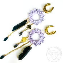 Load image into Gallery viewer, Celestial Dangle Plugs – Lavender mandala lotus Sun Halo, Black Crystal, Boho Gauges 2G 0G 00G 1/2" 9/16" 5/8" 11/16" 3/4” 13/16" 7/8" 1"