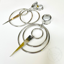 Load image into Gallery viewer, Wire Hoop and dagger Screw Back Plugs: Stainless Steel Dangle Tunnels 2G 0G 00G 1/2" 9/16" 5/8" 11/16" 3/4” 13/16" 7/8" 1" 1 1/8" 1 3/16"