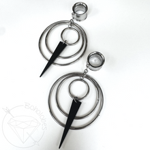Load image into Gallery viewer, Wire Hoop and dagger Screw Back Plugs: Stainless Steel Dangle Tunnels 2G 0G 00G 1/2" 9/16" 5/8" 11/16" 3/4” 13/16" 7/8" 1" 1 1/8" 1 3/16"