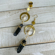 Load image into Gallery viewer, Gold celestial crescent moon crystal pearl drop dangle plugs: 2g 0g 00g 1/2" 9/16" 5/8" 18mm 20mm 22mm 25mm