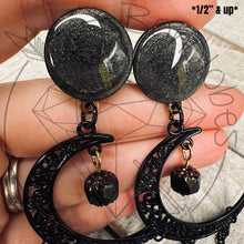Load image into Gallery viewer, Black celestial crescent moon goth dangle plugs gauges 2g 1g 0g 00g 7/16" 1/2” 6mm 7mm 8mm 10mm 11mm 12mm