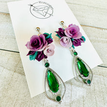 Load image into Gallery viewer, Lavender Floral Plug Earrings | Crystal Dangle Tunnels 14g 12g 10g 8g 6g 4g 2G 0G 00G 1/2" 9/16" 5/8" 11/16" 3/4” 13/16" 7/8" 1" 1 1 1/8"