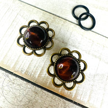 Load image into Gallery viewer, Red Tiger Eye Flower Plugs: Daisy Tunnels / Plugs