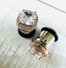 Load image into Gallery viewer, Square CZ Halo Rose Gold Plated Plugs: Wedding Bridal Ear Stretcher Jewelry  6g 4g 2g 1g 0g