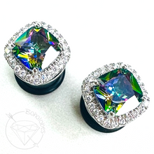 Load image into Gallery viewer, Crystal plugs Square CZ halo stud white gold silver wedding plugs for gauged or stretched ears: Sizes 12g 10g 8g 6g 4g 2g 1g 0g