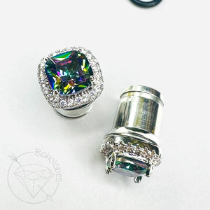 Crystal plugs Square CZ halo stud white gold silver wedding plugs for gauged or stretched ears: Sizes 12g 10g 8g 6g 4g 2g 1g 0g