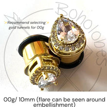 Load image into Gallery viewer, Crystal pear cut teardrop CZ halo stud plugs: Sizes 8g 6g 4g 2g 1g 0g 11/32” 00g