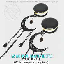 Load image into Gallery viewer, Black celestial Gold Czech crescent moon goth dangle gauges 8g 6g 4g 2g 1g 0g 11/32” 00g 7/16” 1/2” 9/16” 5/8” 11/13” 3/4” 13/16” 7/8” 1”