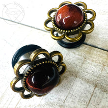 Load image into Gallery viewer, Red Tiger Eye Flower Plugs: Daisy Tunnels / Plugs