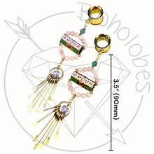 Load image into Gallery viewer, Pair of pink kitsch beaded gold AMOUR heart Corazon love earrings tunnels plugs 2g 0g 00g 1/2&quot; 9/16&quot; 5/8&quot; 18mm 3/4&quot; 20mm 22mm 25mm