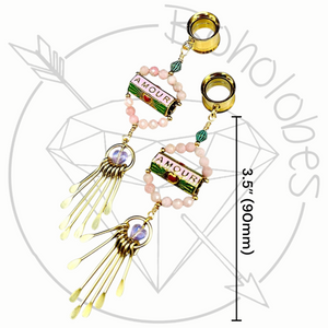 Pair of pink kitsch beaded gold AMOUR heart Corazon love earrings tunnels plugs 2g 0g 00g 1/2" 9/16" 5/8" 18mm 3/4" 20mm 22mm 25mm