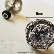 Load image into Gallery viewer, CZ Halo Stud Plugs: Silver-Tone Cubic Zirconia Tunnels for Stretched Ears 8g 6g 4g 2g 1g 0g 11/32” 00g