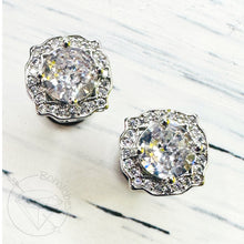 Load image into Gallery viewer, Crystal plugs square CZ halo stud silver vintage style wedding plugs for gauged or stretched ears: Sizes 10g 8g 6g 4g 2g 1g 0g