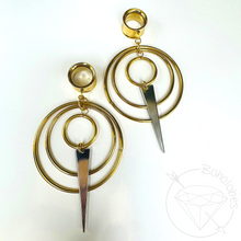Load image into Gallery viewer, Wire Hoop and dagger Screw Back Plugs: Yellow Gold Dangle Tunnels 2G 0G 00G 1/2" 9/16" 5/8" 11/16" 3/4” 13/16" 7/8" 1"